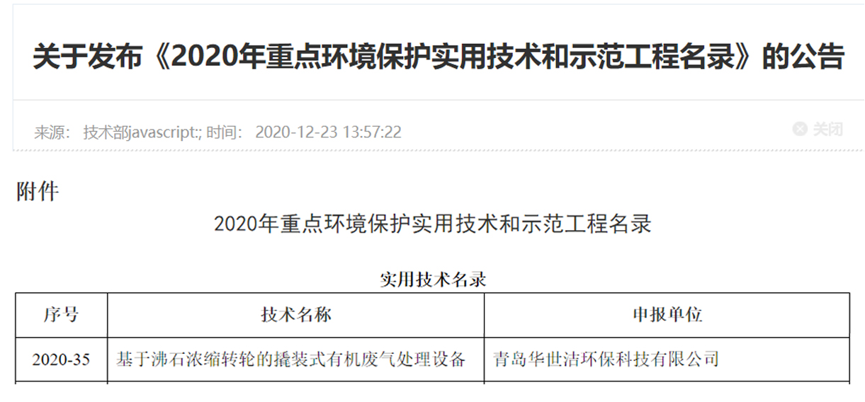 喜訊！華世潔環(huán)保撬裝式一體機設備列入《2020年重點環(huán)境保護實用技術和示范工程名錄》(圖1)